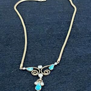 Vintage Necklace Signed Leo Glass Goldtone With Blue Glass Rhinestones 14" Long